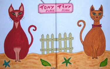 Schilderij getiteld "Chats Tony et Tiny…" door Nathyse, Origineel Kunstwerk, Acryl