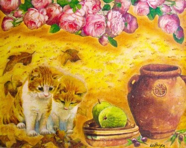 Painting titled "Chatons roseraie d'…" by Nathyse, Original Artwork, Acrylic