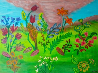 Malerei mit dem Titel "Prairie de fleurs a…" von Nathyse, Original-Kunstwerk, Acryl