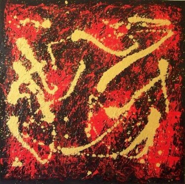 Peinture intitulée "Gold rythms on red…" par N.M.Mathieu, Œuvre d'art originale, Huile