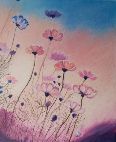 Painting titled ",,Fleurs roses"" by Nina Napkhaniuk, Original Artwork, Oil