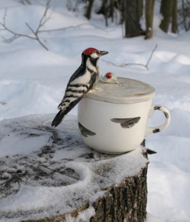 Sculpture titled "Cup The woodpecker" by Nell Amelkova, Original Artwork