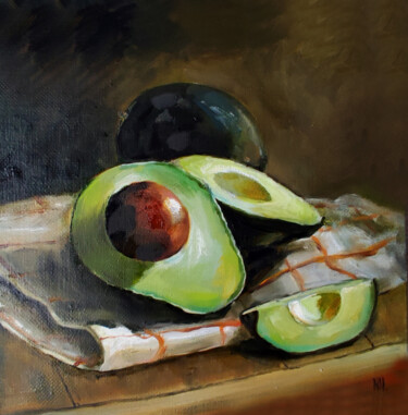 Painting titled "Avocado" by Natalia Nozdrina, Original Artwork, Oil Mounted on Wood Stretcher frame