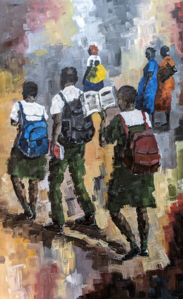 Painting titled "BOOKS WERE HEAVY" by Noah Bugingo, Original Artwork, Acrylic Mounted on Wood Stretcher frame