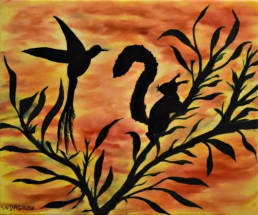 Pintura intitulada "colibri-et-ecureuil" por W-Dagrou, Obras de arte originais