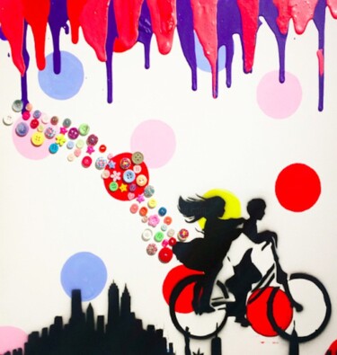 Painting titled "Bike on the Moon" by Nobody, Original Artwork, Acrylic Mounted on Wood Stretcher frame