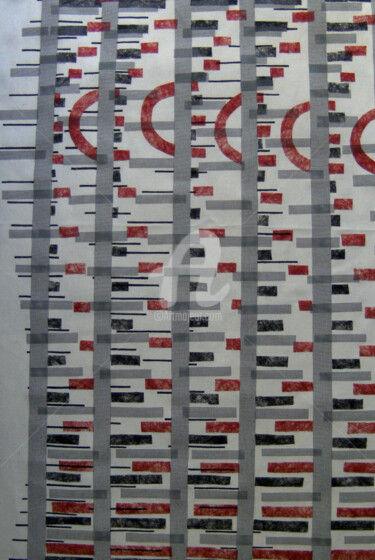 Textielkunst getiteld ""Art-optique"" door Noche, Origineel Kunstwerk, Stof Gemonteerd op Karton