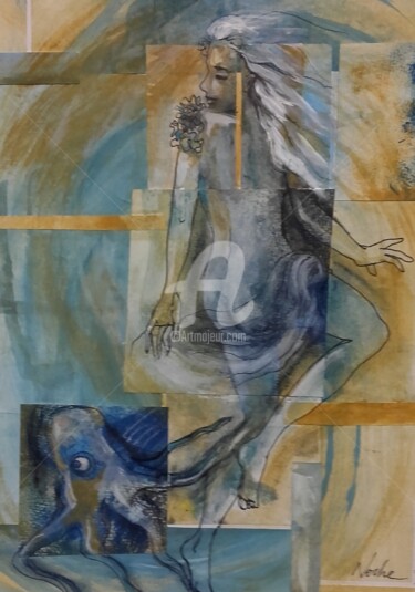 Drawing titled "Ondine des profonde…" by Noche, Original Artwork, Gouache Mounted on Cardboard