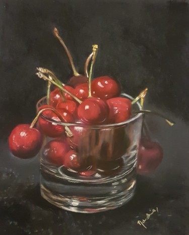 Painting titled "cherries" by Nadia Sheikh, Original Artwork, Pastel
