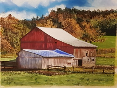 Painting titled "Red barn" by Nadia Sheikh, Original Artwork