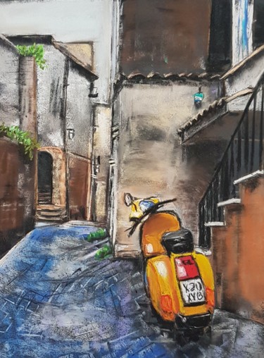 Peinture intitulée "yellow scooter.jpg" par Nadia Sheikh, Œuvre d'art originale, Pastel