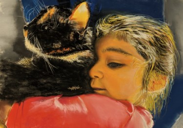 Pittura intitolato "Nina hugs Gobi" da Nadia Sheikh, Opera d'arte originale, Pastello