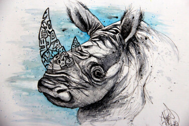 Drawing titled "Rhino Horn II" by Art De Noé, Original Artwork, Ink