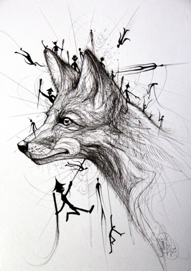 Disegno intitolato "FOX tribe" da Art De Noé, Opera d'arte originale, Inchiostro