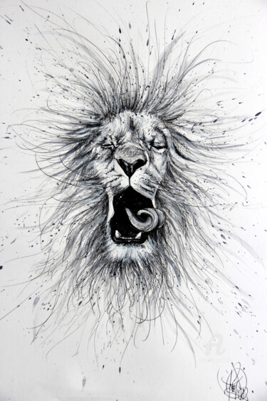 Drawing titled "White Lion" by Art De Noé, Original Artwork, Ink