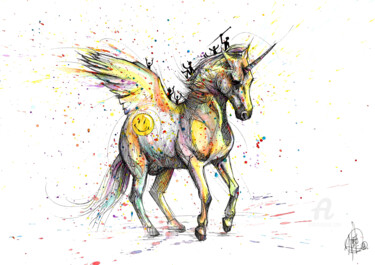Dessin intitulée "Unicorn pegasus" par Art De Noé, Œuvre d'art originale, Encre