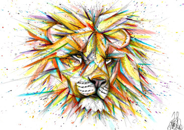 Tekening getiteld "Geometric Lion" door Art De Noé, Origineel Kunstwerk, Inkt