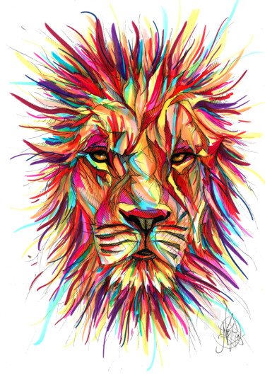 Drawing titled "Fire Lion" by Art De Noé, Original Artwork, Ink