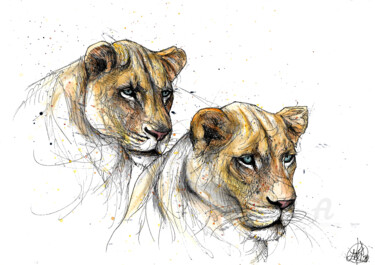 「Lionesses」というタイトルの描画 Art De Noéによって, オリジナルのアートワーク, インク