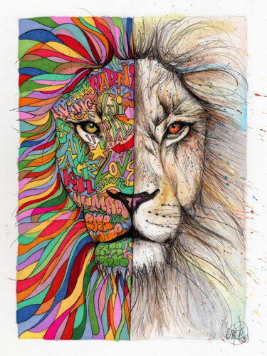 Drawing titled "Psychedelic Lion" by Art De Noé, Original Artwork, Ink