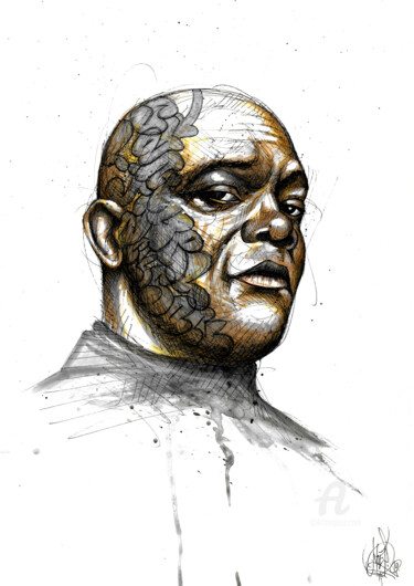 Drawing titled "Samuel L Jackson" by Art De Noé, Original Artwork, Ink