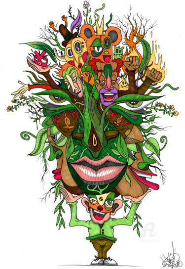 Рисунок под названием "Organic toon face's" - Art De Noé, Подлинное произведение искусства, Чернила