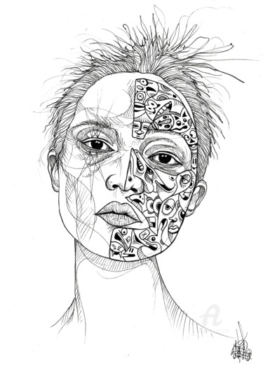图画 标题为“Cartoon half mask” 由Art De Noé, 原创艺术品, 墨