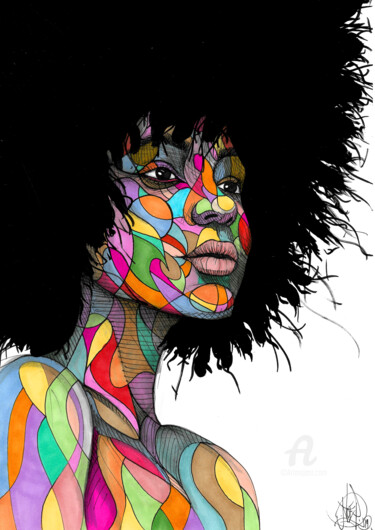 Drawing titled "Afro colorful" by Art De Noé, Original Artwork, Ink