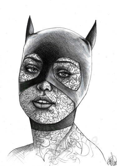 Dibujo titulada "Cat Woman inked" por Art De Noé, Obra de arte original, Tinta