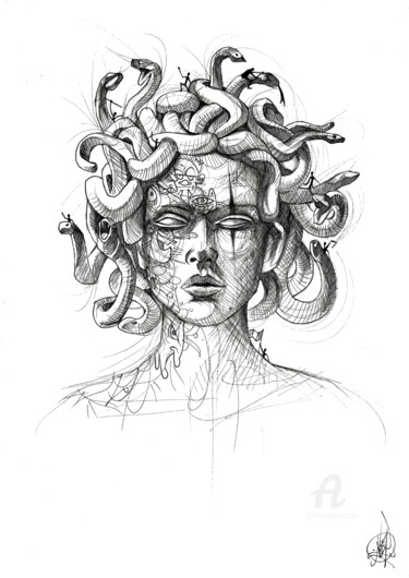Drawing titled "Medusa" by Art De Noé, Original Artwork, Ink