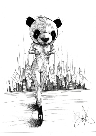 Zeichnungen mit dem Titel "Panda mask" von Art De Noé, Original-Kunstwerk, Tinte