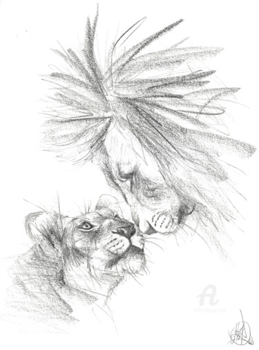 Desenho intitulada "Love lions" por Art De Noé, Obras de arte originais, Lápis