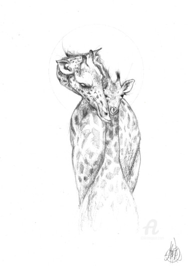 Dessin intitulée "Giraffe mom" par Art De Noé, Œuvre d'art originale, Crayon