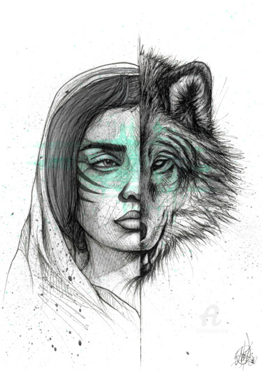 Tekening getiteld "Wolf Woman" door Art De Noé, Origineel Kunstwerk, Inkt