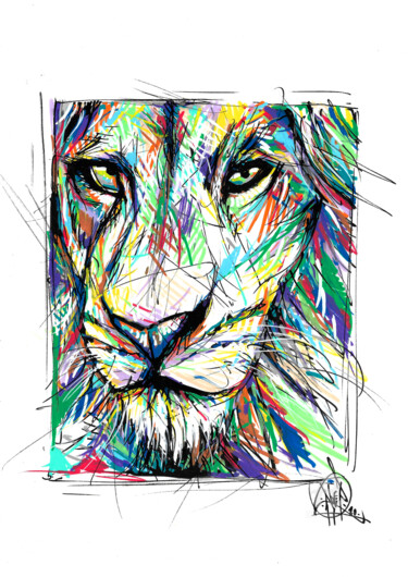 Zeichnungen mit dem Titel "Lion colorful line" von Art De Noé, Original-Kunstwerk, Acryl