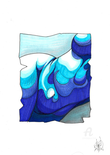 Zeichnungen mit dem Titel "Blue curves" von Art De Noé, Original-Kunstwerk, Marker