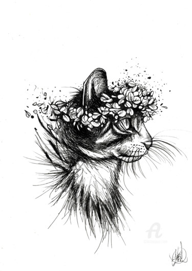 Drawing titled "Cat flower" by Art De Noé, Original Artwork, Ink