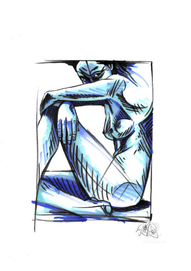Drawing titled "Block blue line" by Art De Noé, Original Artwork, Ink