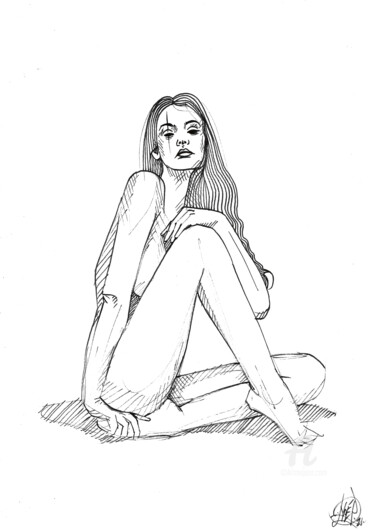 Drawing titled "Woman sitting" by Art De Noé, Original Artwork, Ink