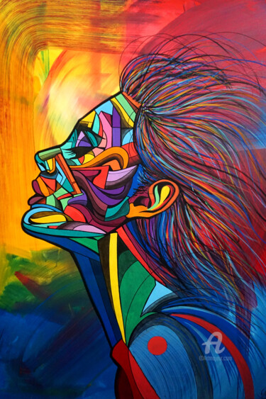 Schilderij getiteld "Color lines girl" door Art De Noé, Origineel Kunstwerk, Acryl Gemonteerd op Frame voor houten brancard