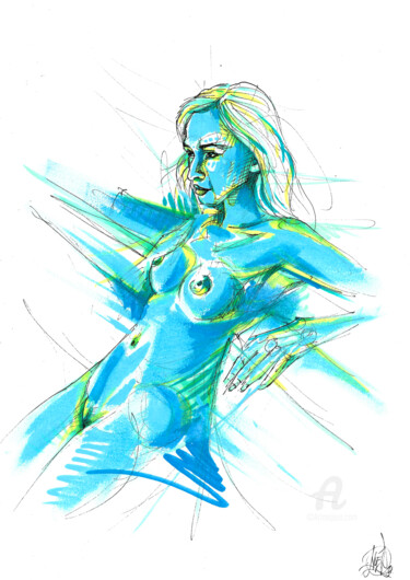 Drawing titled "Blue skin" by Art De Noé, Original Artwork, Acrylic