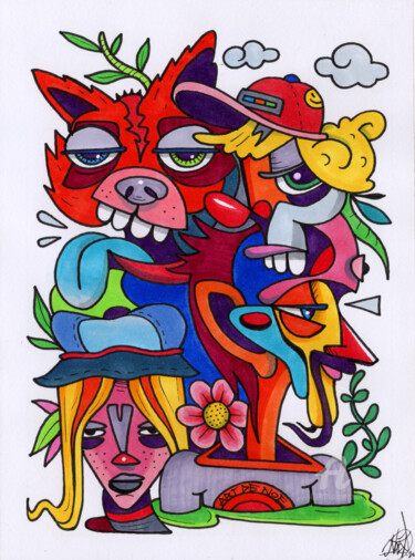 Desenho intitulada "Le chat imaginaire" por Art De Noé, Obras de arte originais, Tinta Montado em Vidro