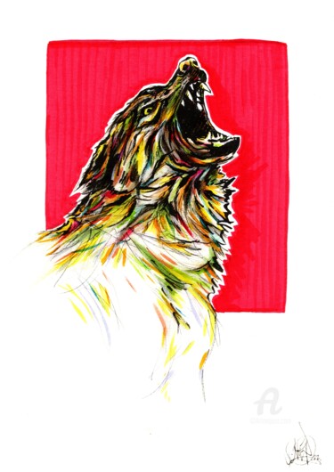 Desenho intitulada "Wolf cry" por Art De Noé, Obras de arte originais, Aquarela