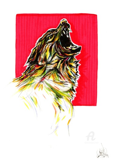 Tekening getiteld "Wolf cry" door Art De Noé, Origineel Kunstwerk, Aquarel