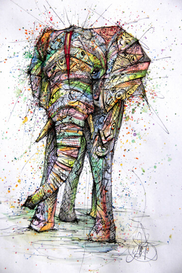 Disegno intitolato "Elephant cartoons" da Art De Noé, Opera d'arte originale, Inchiostro