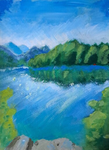 Peinture intitulée "Lac, forêt et monta…" par Noé Vallat, Œuvre d'art originale, Acrylique