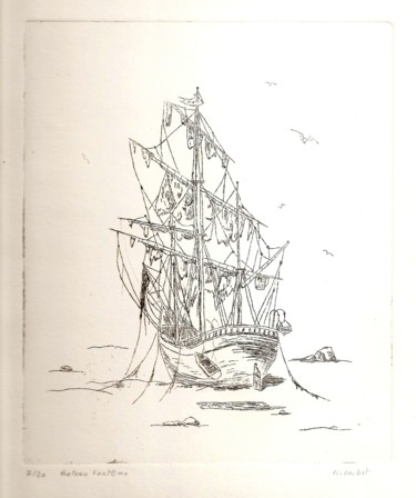 Gravures & estampes intitulée "Bateau fantome" par Noël Barbot, Œuvre d'art originale, Gravure