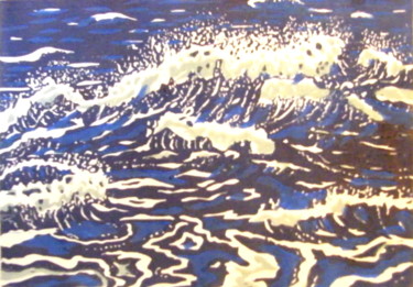 Gravures & estampes intitulée "vagues" par Noël Barbot, Œuvre d'art originale, Linogravures