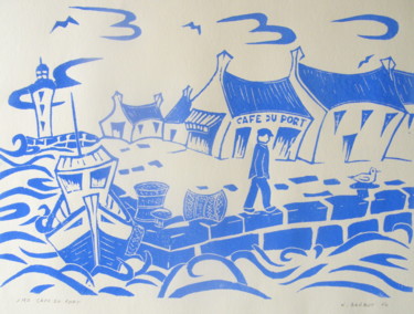 Gravures & estampes intitulée "café du port" par Noël Barbot, Œuvre d'art originale, Linogravures