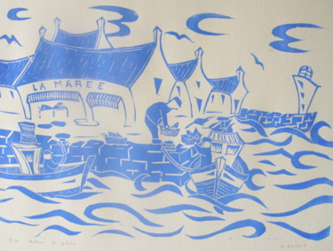 Gravures & estampes intitulée "retour de pêche" par Noël Barbot, Œuvre d'art originale, Linogravures